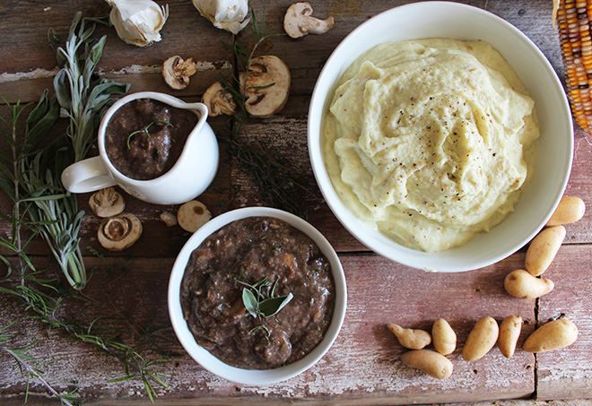 Savory Mushroom and Herb Gravy with Cauliflower Potato Mash | nutritionstripped.com