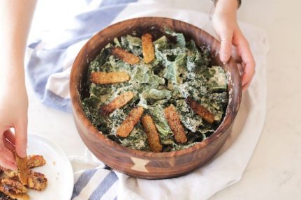 Simple Kale Caesar Salad with Maple Peppery Tempeh | Nutrition Stripped