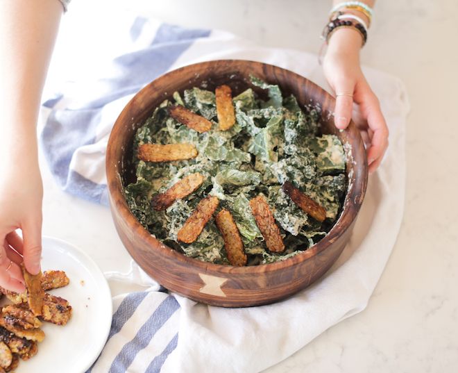 Simple Dairy-Free Kale Caesar Salad with Maple Pepper Tempeh